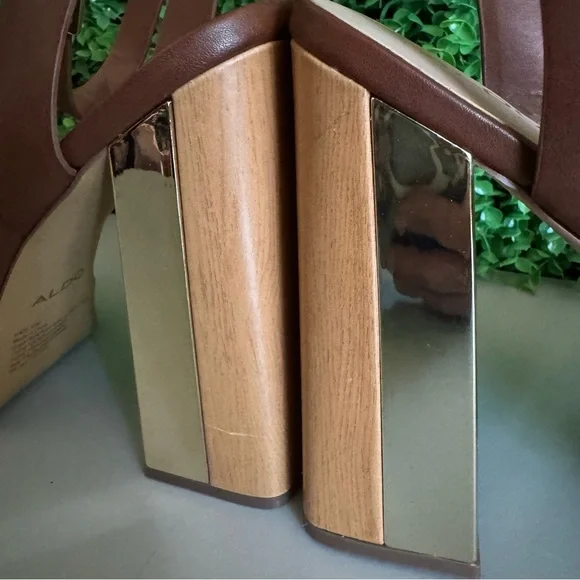 Aldo Priyah 1091435 Chestnut with Wood & Gold Block Heels Women's Size 11 - Picture 11 of 14